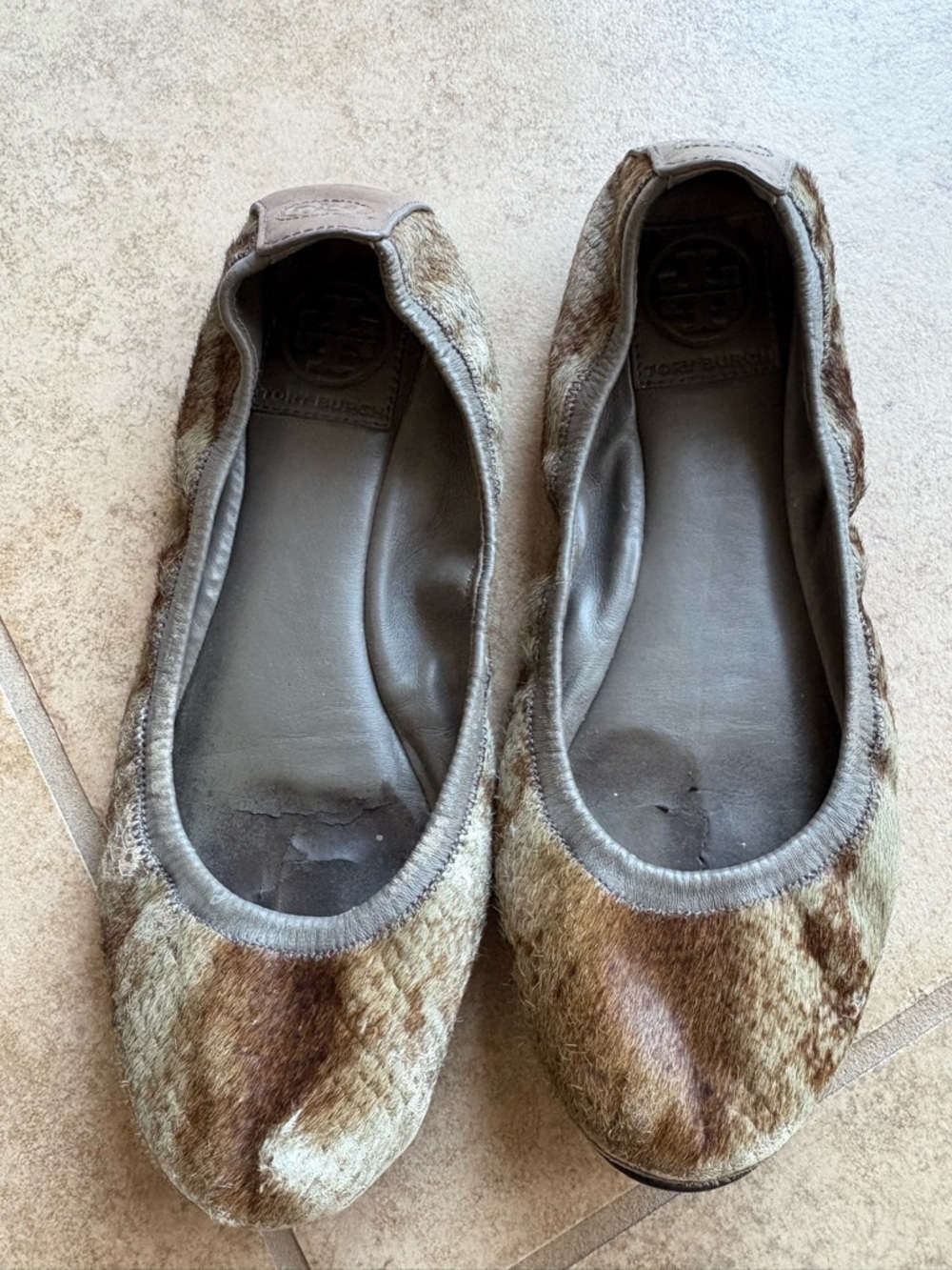 Tory Burch Brown Haircalf Animal-Print Ballet Flats